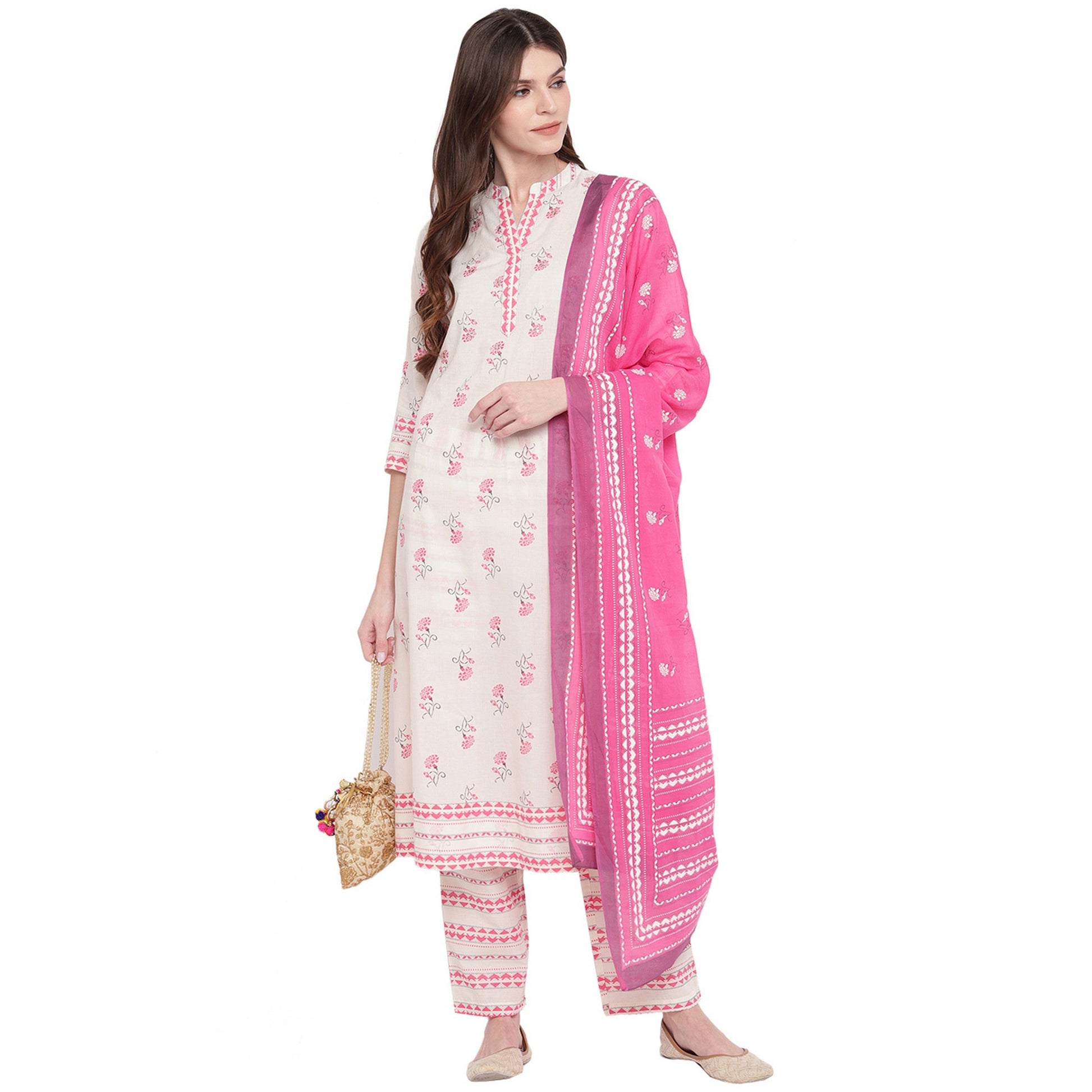 NOZ2TOZ Women White cotton kurta With palazzo & Dupatta (3 Pc Set) - Swadesiicart