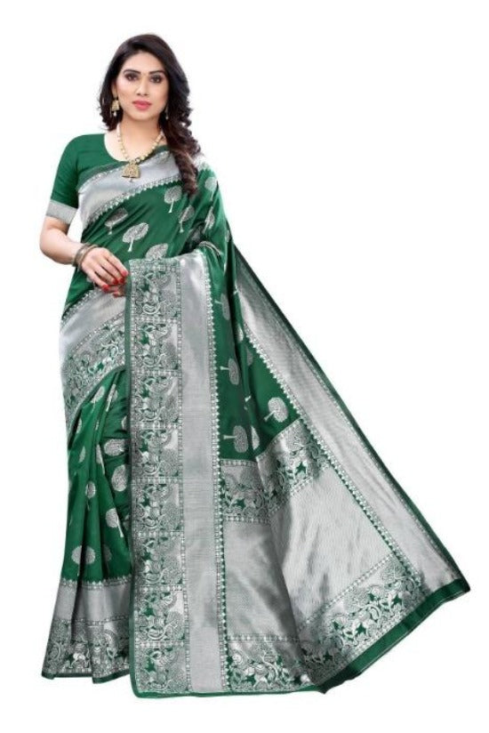 Vamika Banarasi Jacquard Weaving Green Saree (AMEE GREEN) | Swadesiicart