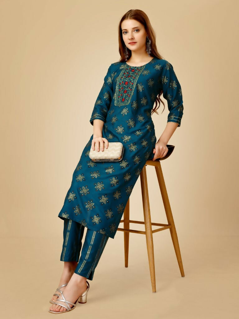 Jyoti Fashion Women's Navy Blue Viscose Rayon Embroidered Kurta Pant Set | Swadesiicart