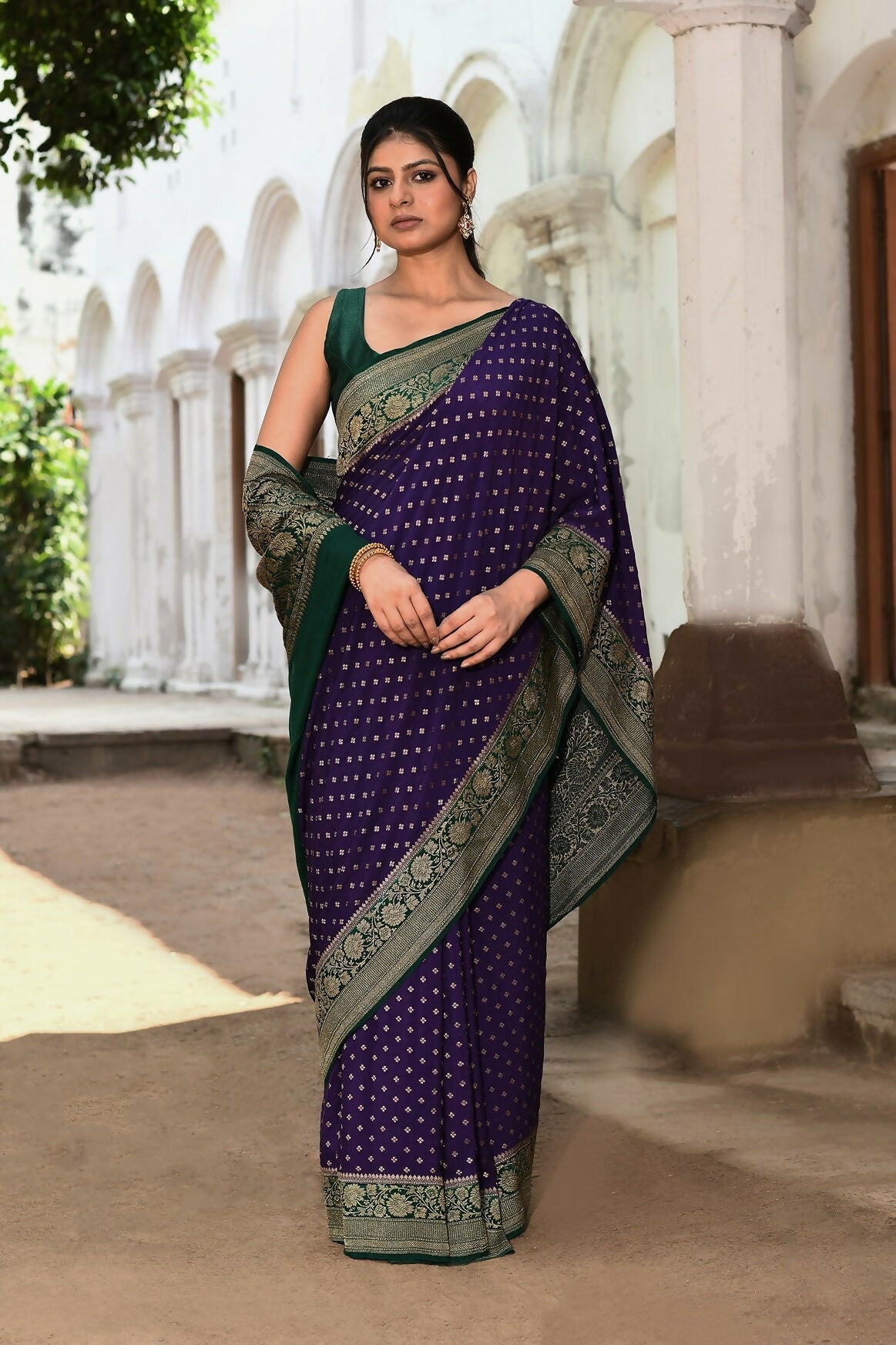 Joban Fashion Purple Crepe Chiffon Pure Handloom Banarasi Silk Saree | Swadesiicart