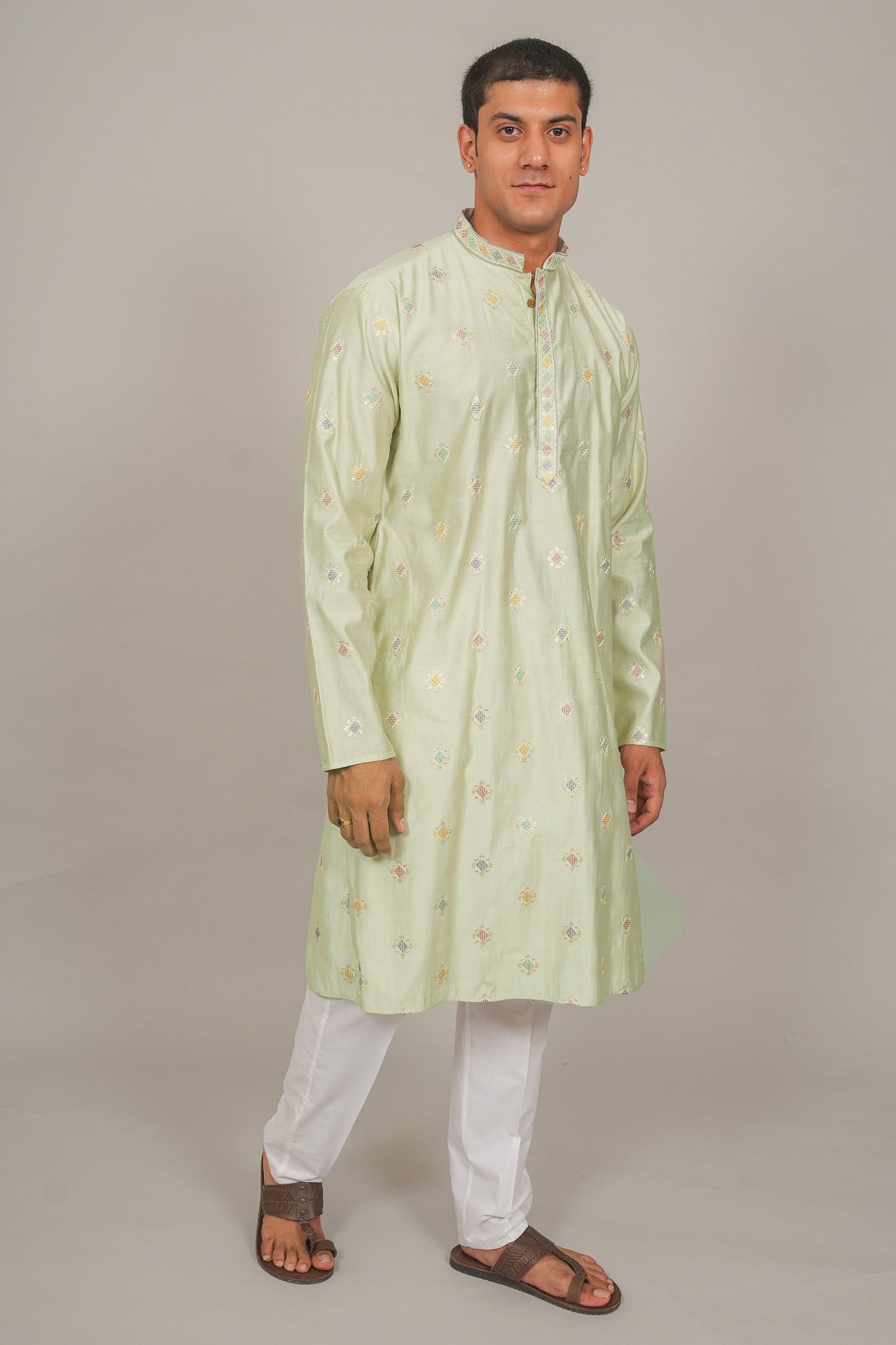 Bluesaanchi Handcrafted Cotton Kurta Pajama Set for Men – Pista Green | Swadesiicart