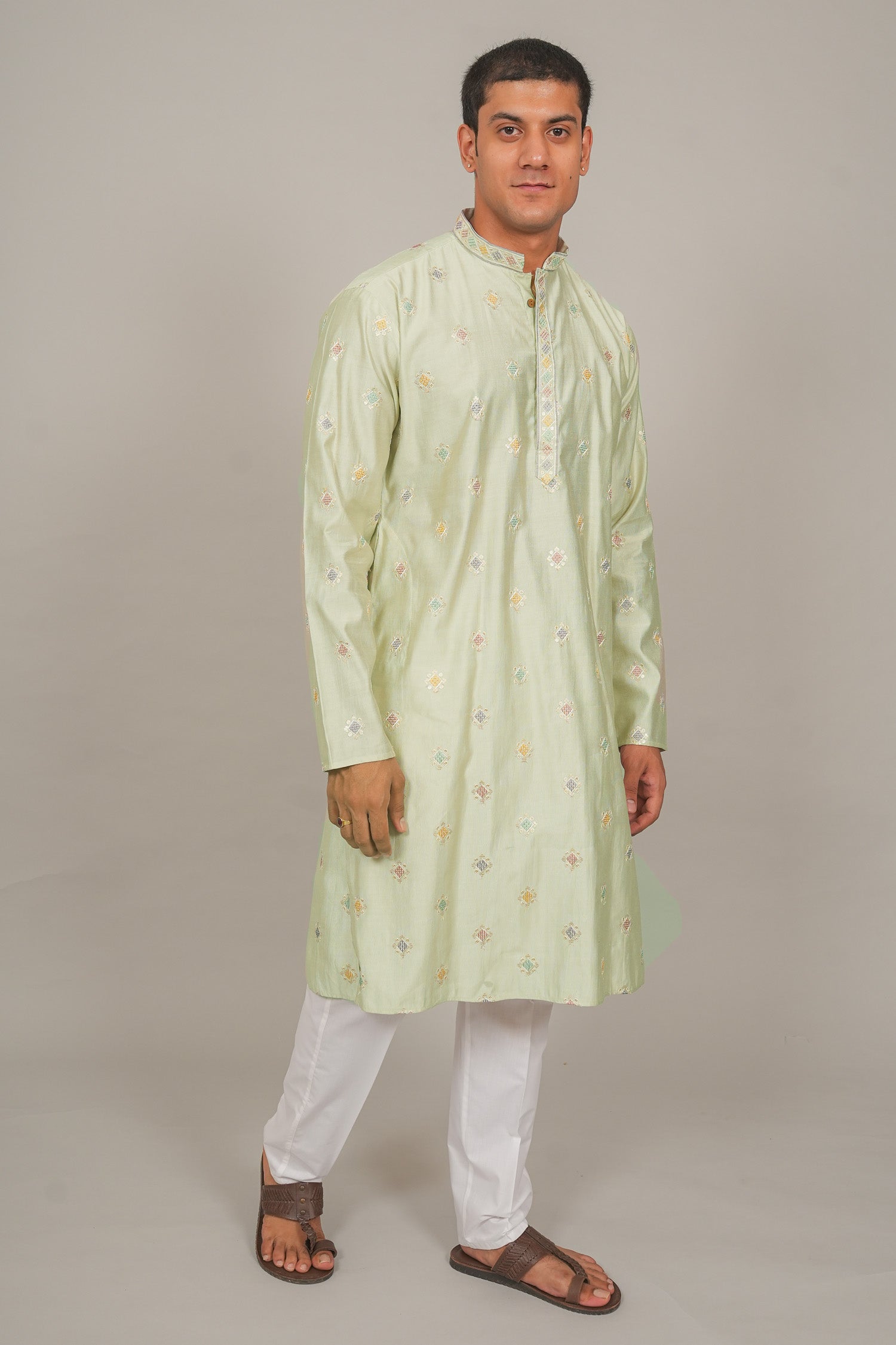 Bluesaanchi Handcrafted Cotton Kurta Pajama Set for Men – Pista Green | Swadesiicart