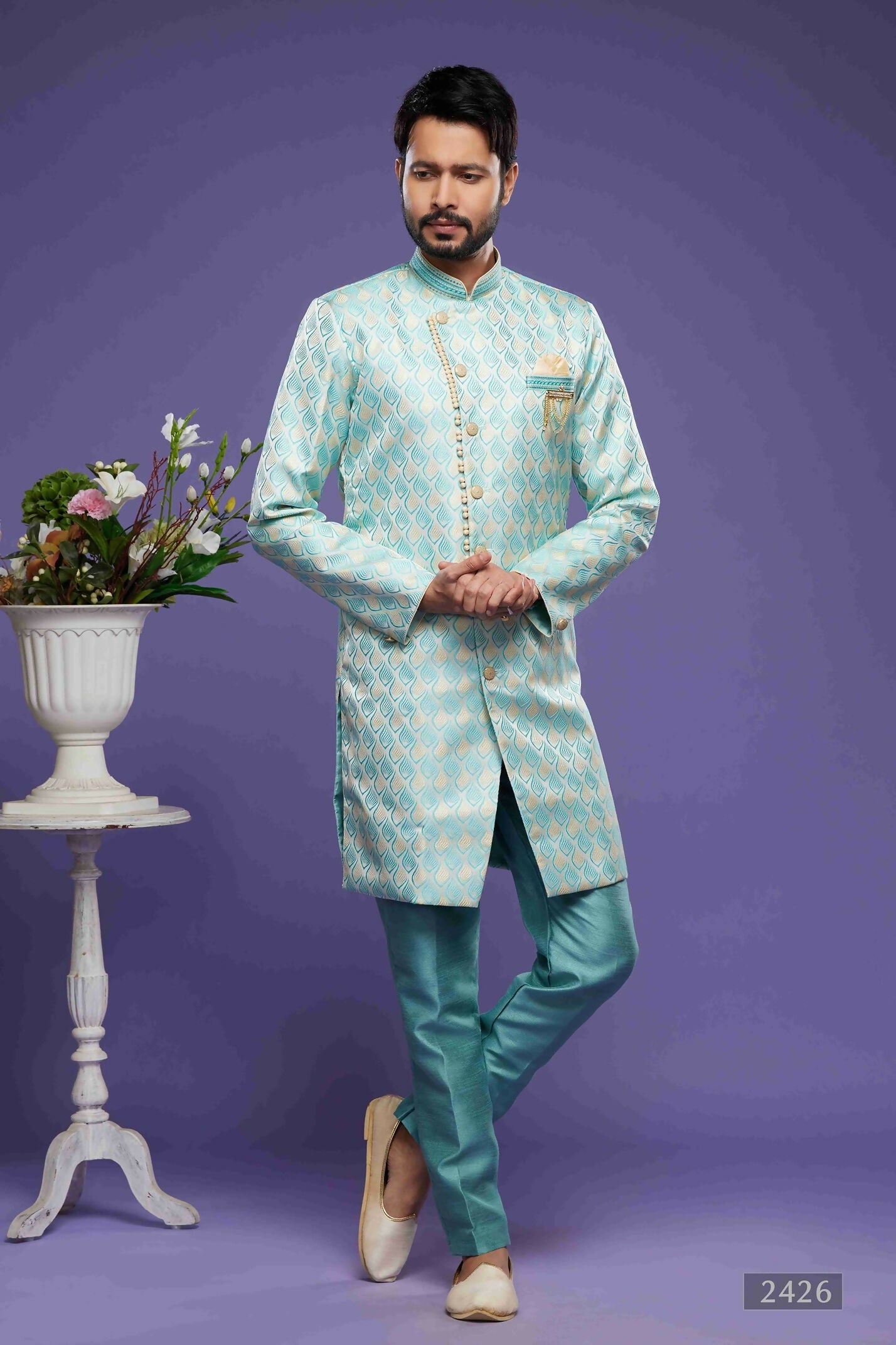 Raivat Ethnic Banarasi Jacquard Embroidery Semi Indo Western Sherwani In Sky Blue Colour | Swadesiicart