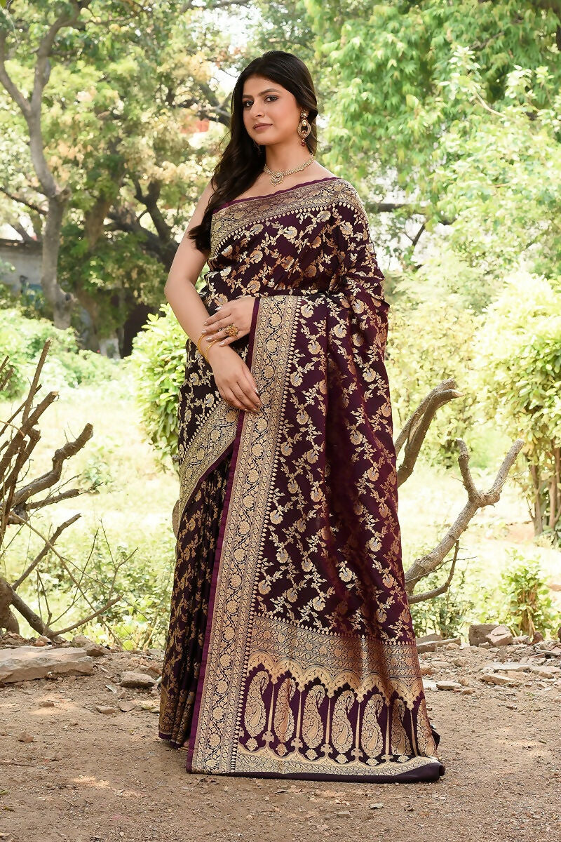 Joban Fashion Plum Purple Banarasi Soft Pure Handloom Banarasi Silk Saree | Swadesiicart