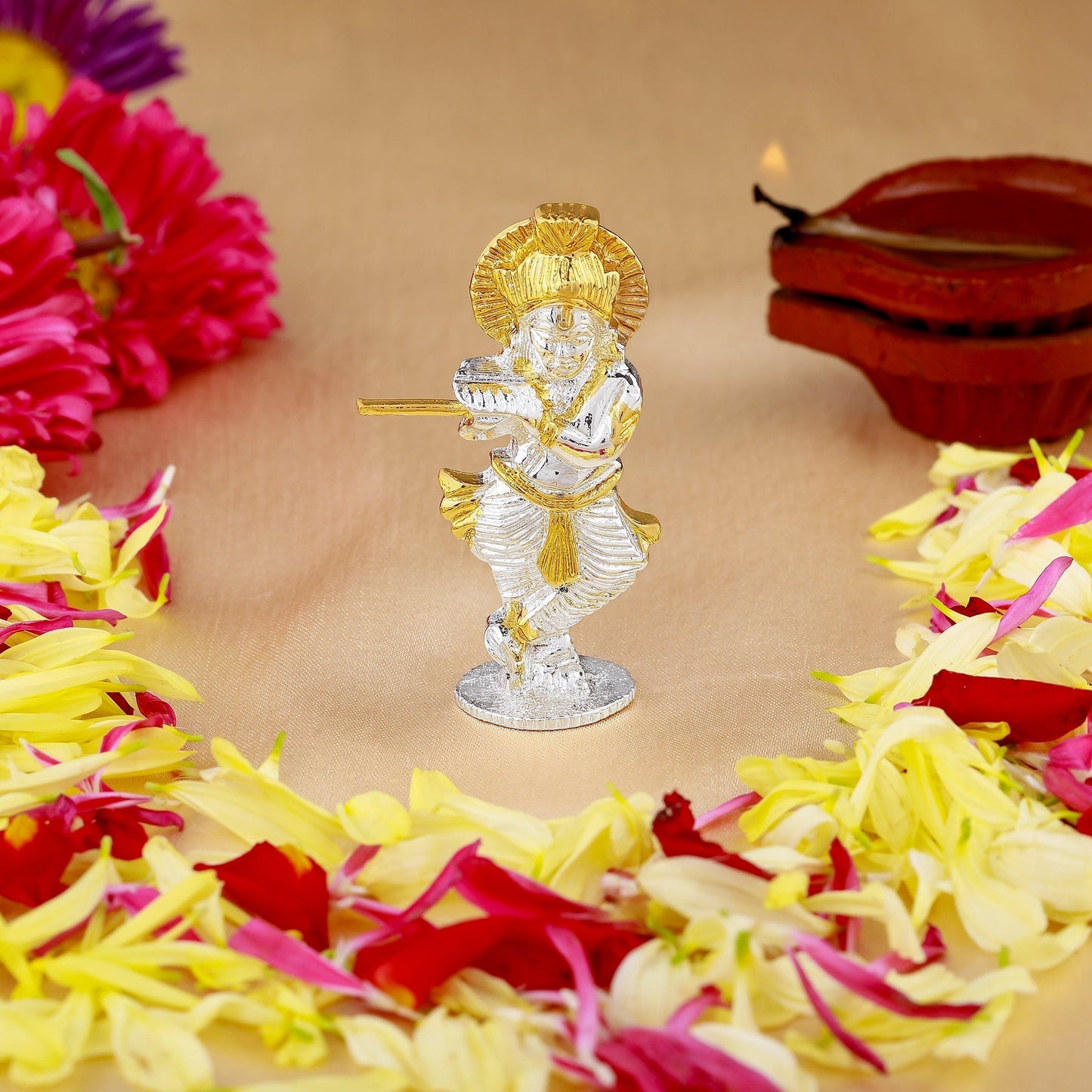Estele Gold-Polished Divine Lord Krishna Idol for Home/Car Decor - Swadesiicart