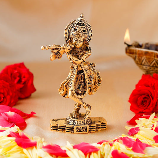 Estele Gold-Polished Sri Krishna Idol for Pooja/Car decor - Swadesiicart
