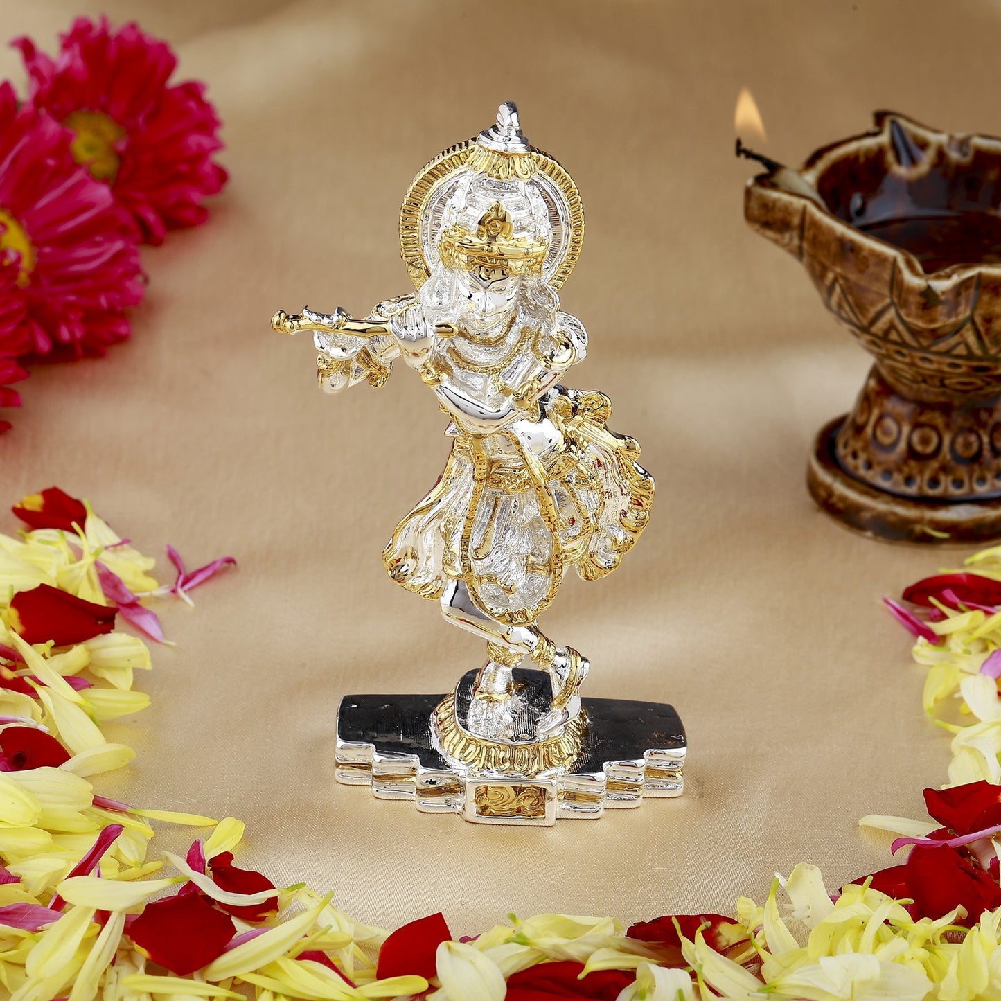 Estele Gold-Polished Playing flute Sri Krishna Idol for Home/Car decor - Swadesiicart