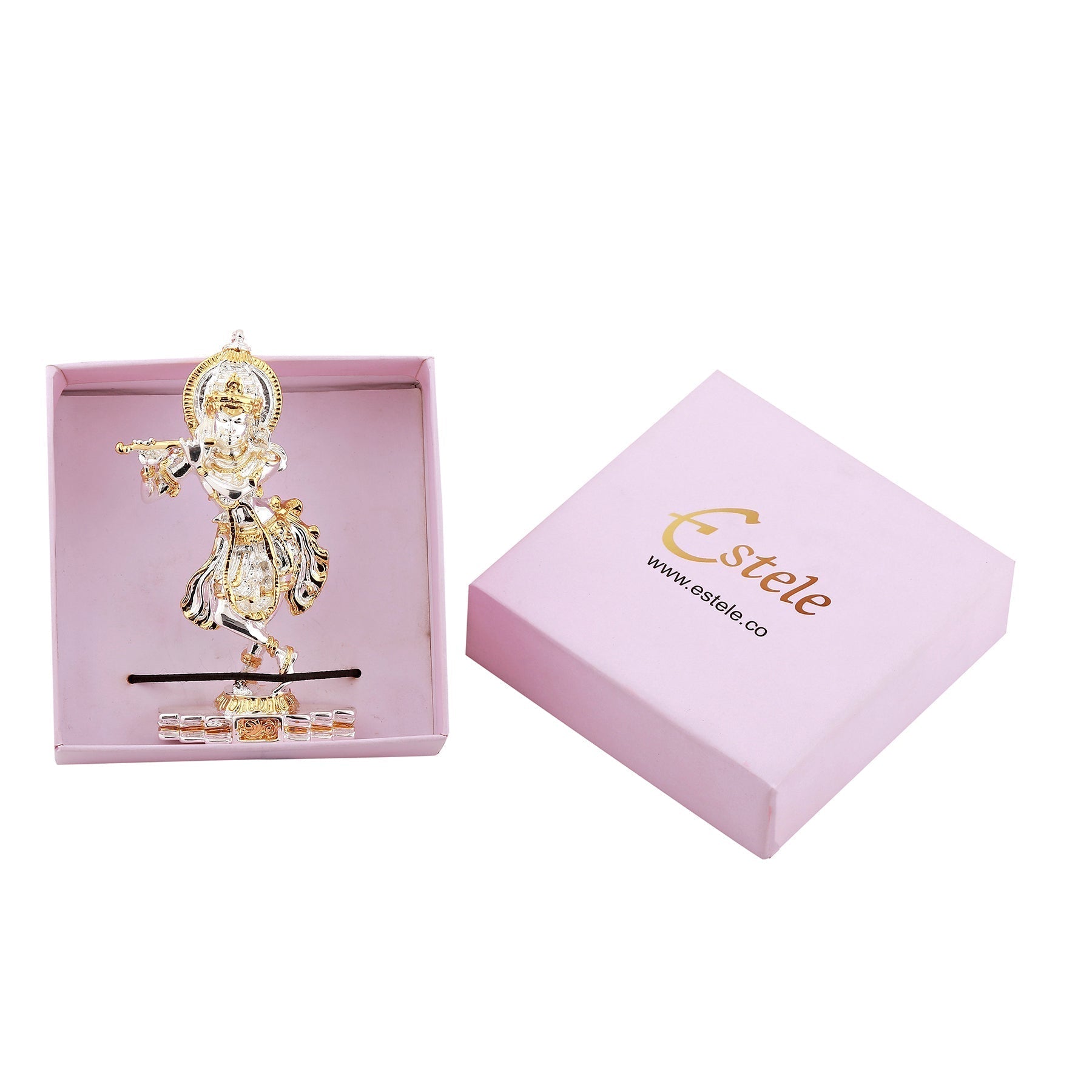 Estele Gold-Polished Playing flute Sri Krishna Idol for Home/Car decor - Swadesiicart