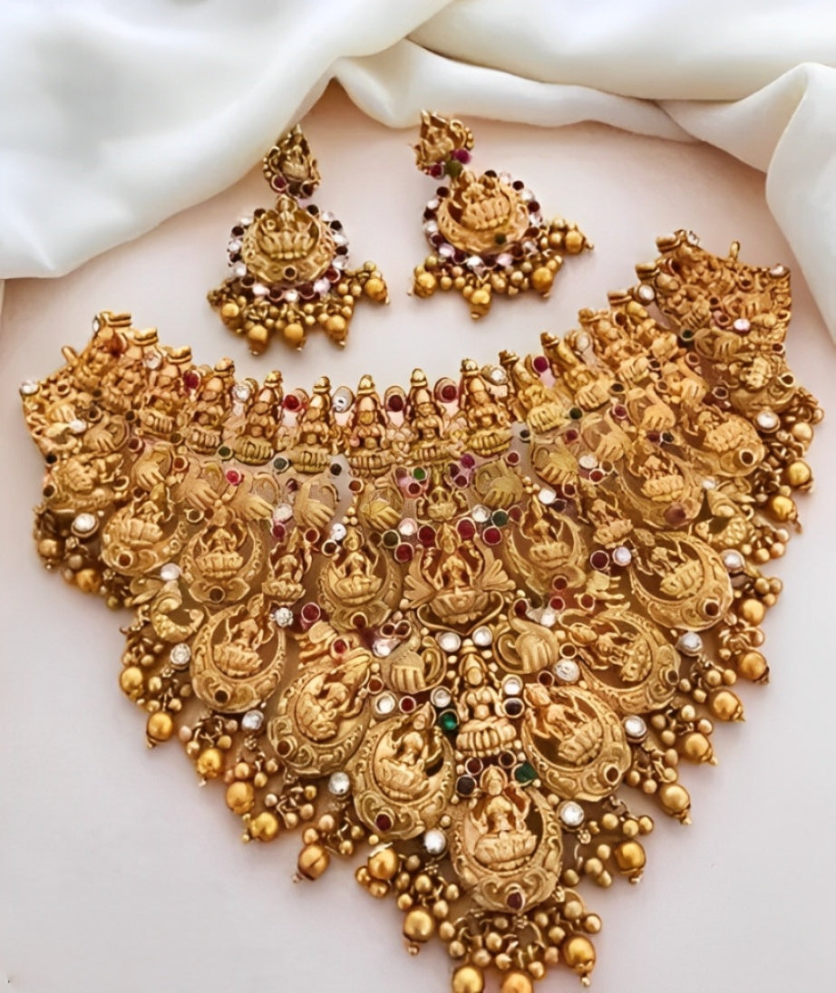 Jewel City Traditional Temple Jewelry Set Gold-Plated Lakshmi Choker Necklace & Jhumka Earrings Bridal South Indian Antique Set | Swadesiicart