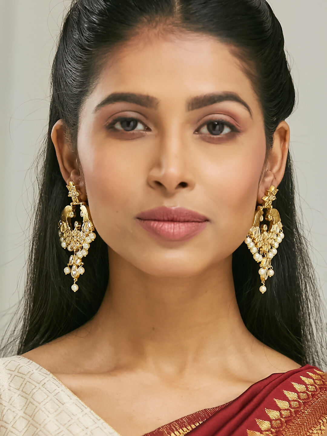 Nuyug 22K Gold-Plated Kundan and Pearl Earrings with Floral Stud and Intricate Crescent Design Chandbalis | Swadesiicart