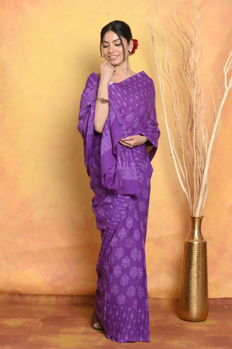 Very Much Indian Handblock Printed Cotton Saree With Natural Dyes - Purple | Swadesiicart