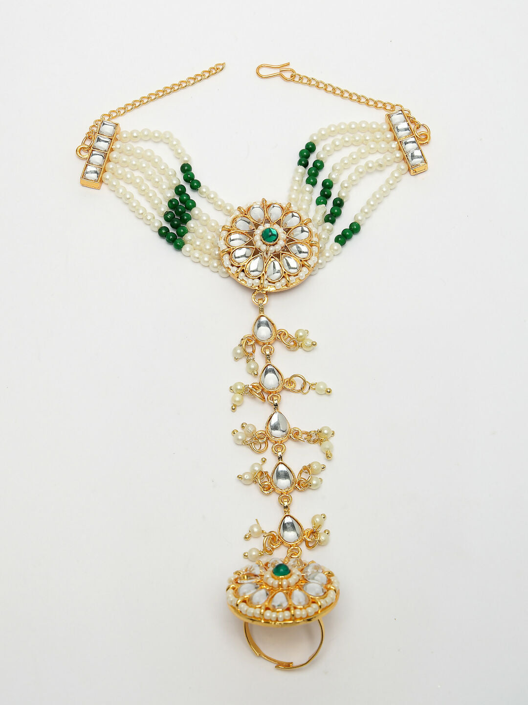 NVR Women's Green Gold-Polished Stone Studded Handcrafted Ring Bracelet - Swadesiicart