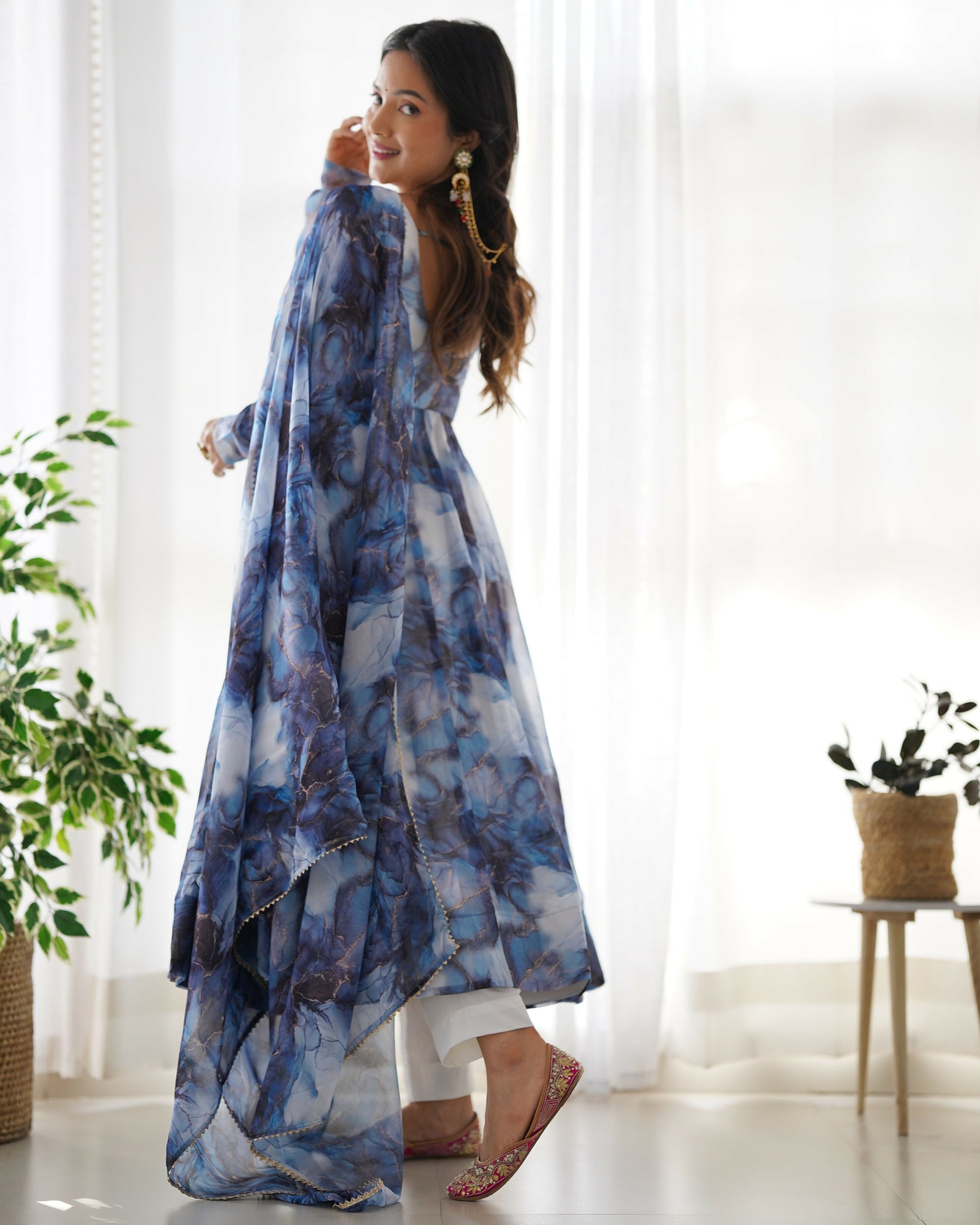 Joban Fashion Navy Blue Kurta Set Organza Sequin Embroidery Work - Swadesiicart