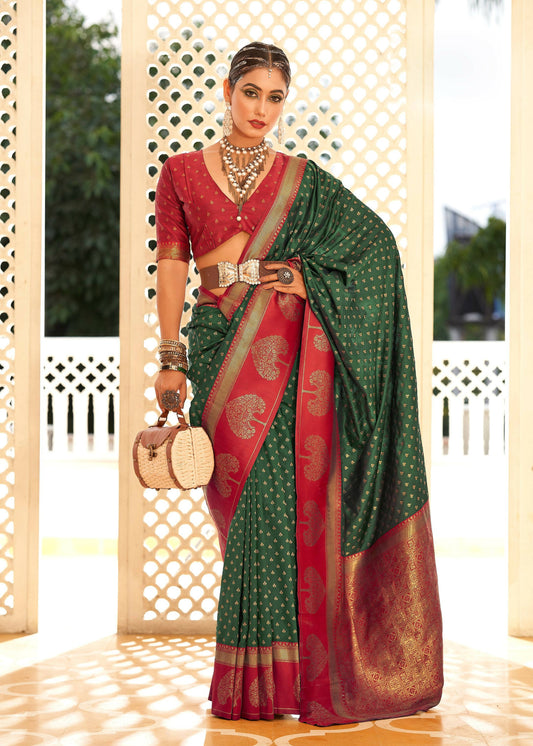 Green Soft Banarasi Paithani Copper Zari Weaving Saree With Unstitched Blouse Piece - Jodha | Swadesiicart