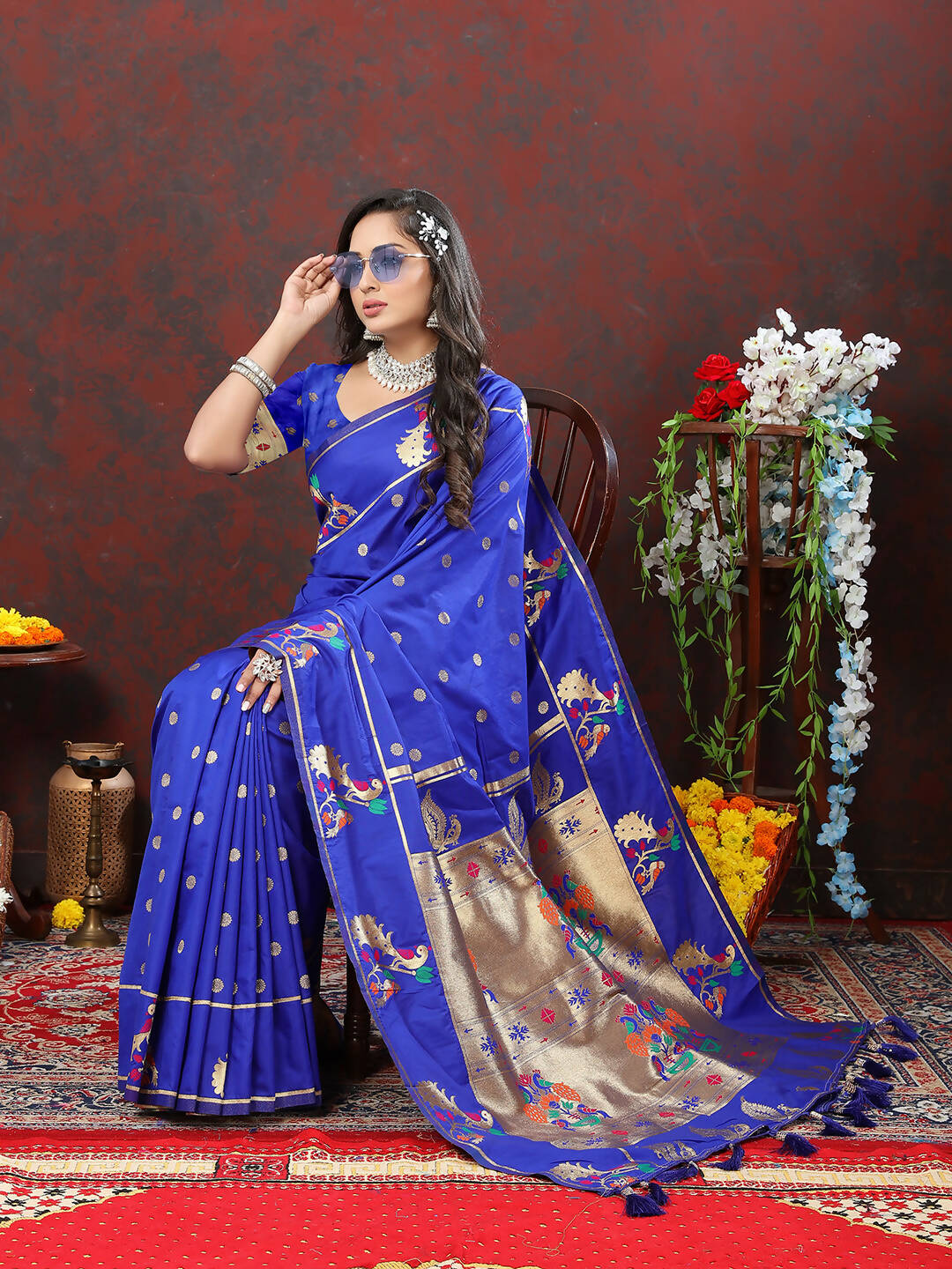 Lorenvalley Fashion Blue Soft Paithani Silk Woven Design Gold Zari Meenakari Weaving Saree - Swadesiicart