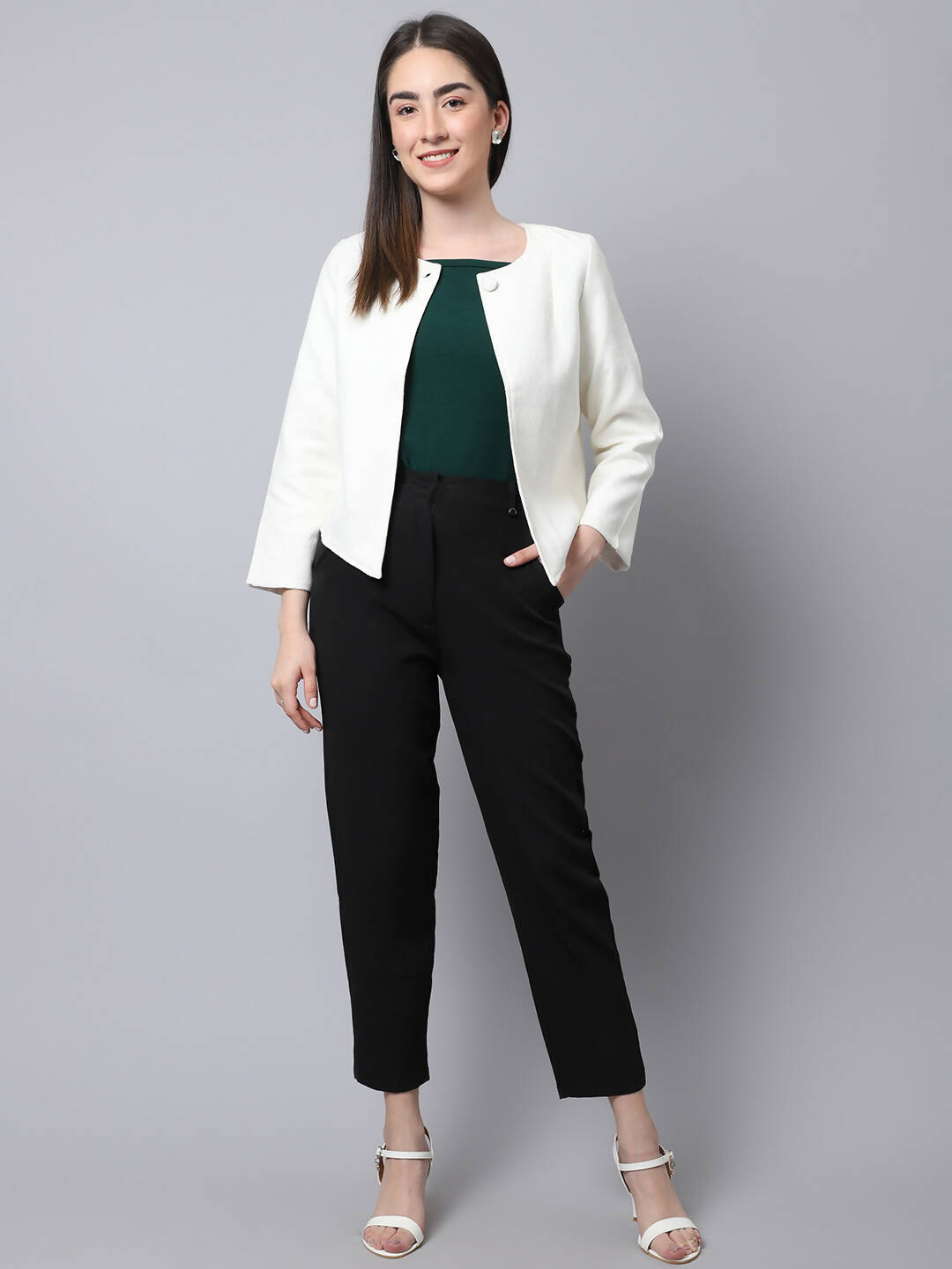 Even Apparels White 100% Viscose Open Front Statement Women's Jacket | Swadesiicart
