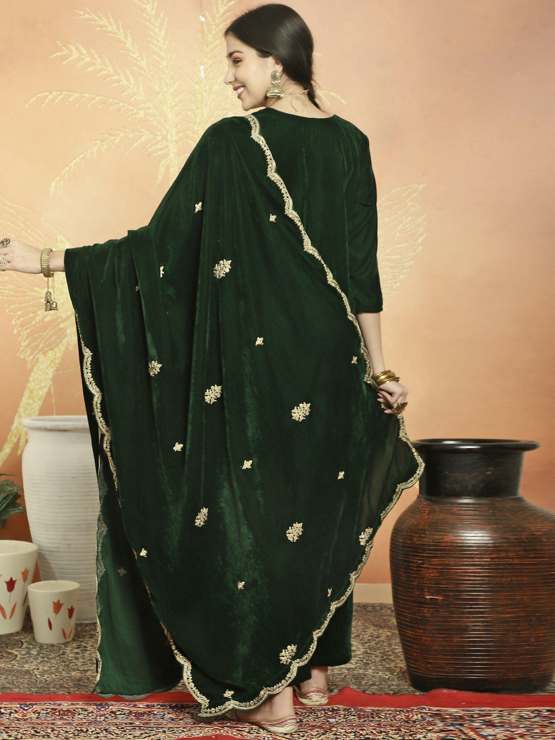 Jyoti Fashion Women's Green Velvet Cording with Resham Thread & Sequin Kurta with Trouser & Dupatta | Swadesiicart
