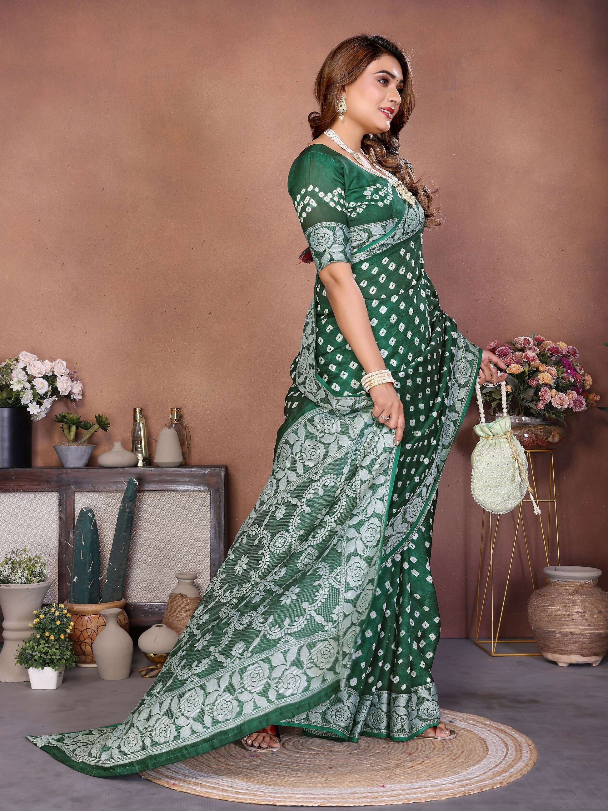 Aastha Fashion Green Viscose Silk Handmade Original Bandhej Saree