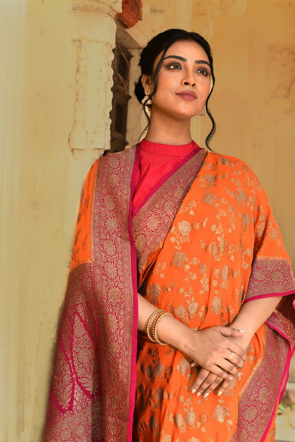 Joban Fashion Orange Crepe Chiffon Pure Handloom Banarasi Silk Saree | Swadesiicart