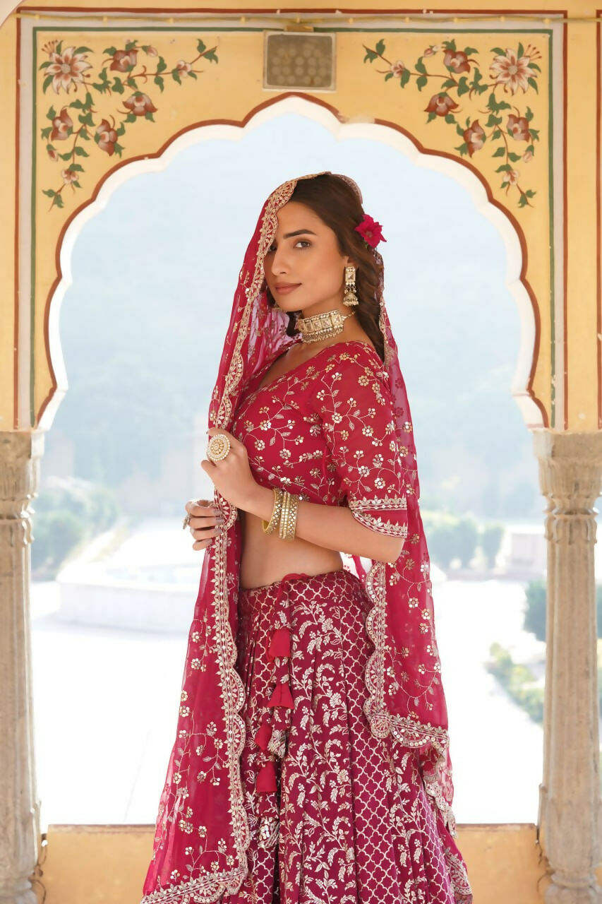 Lorenvalley Ranipink Pure Viscose Jacquard With Embroidered Sequins work Lehenga Choli | Swadesiicart