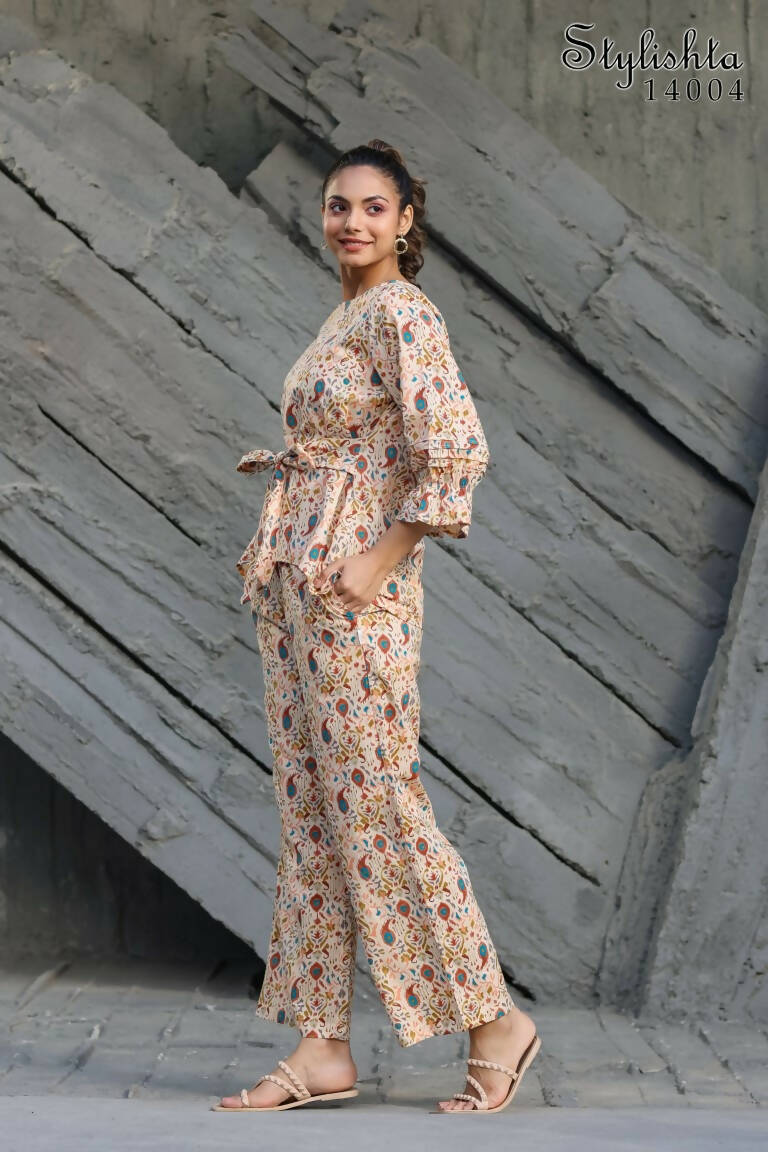 Women's Partywear Designer Cream & Multi Muslin co-ord set - Stylishta - Swadesiicart
