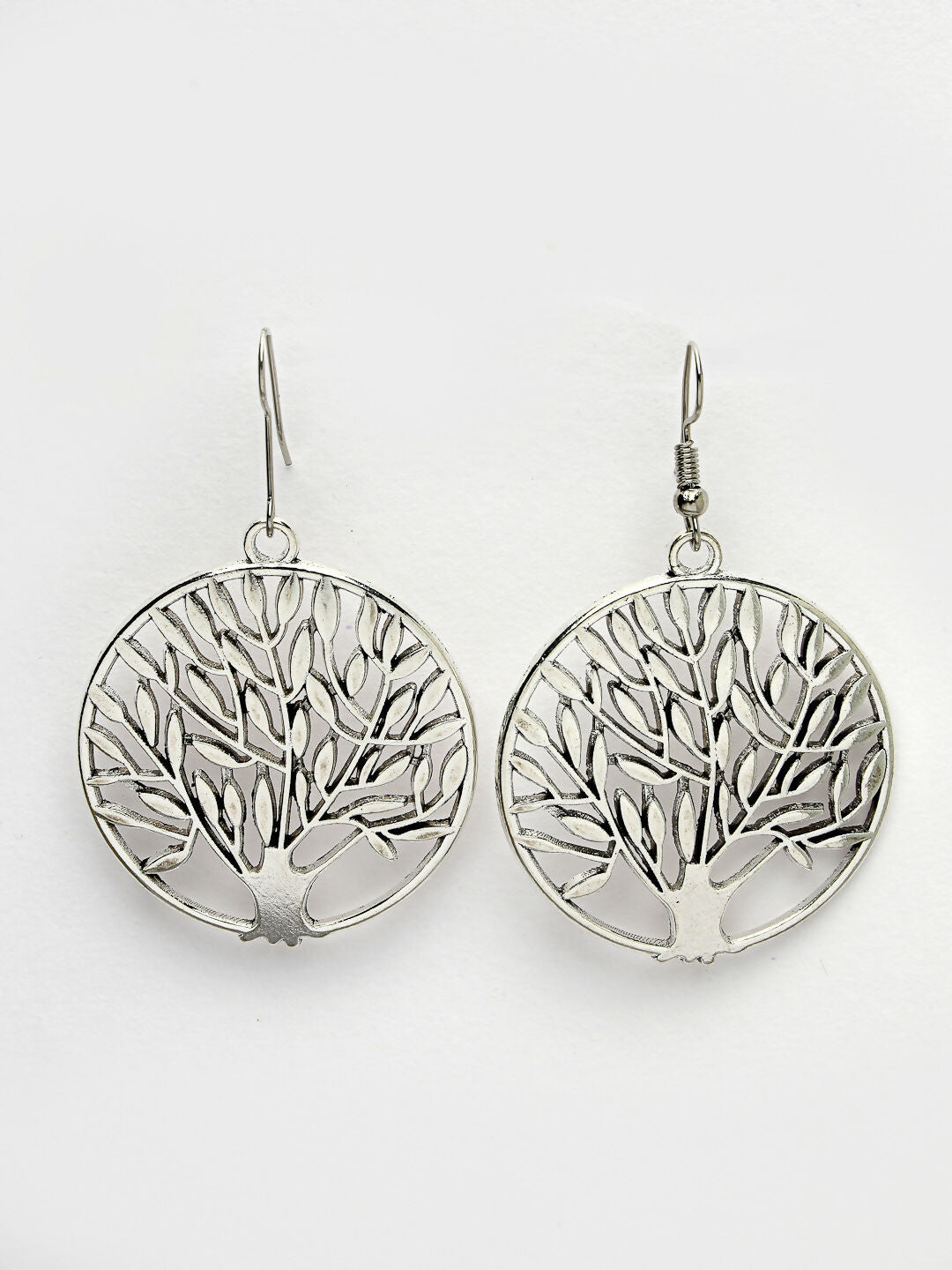 NVR Women's Silver-Toned Circular Shape German Silver Oxidised Drop Earrings - Swadesiicart
