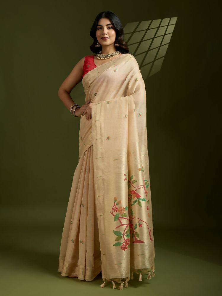 Vishnu Weaves Women's Chiku Muga Cotton Thread Woven Butti with Blouse - Swadesiicart