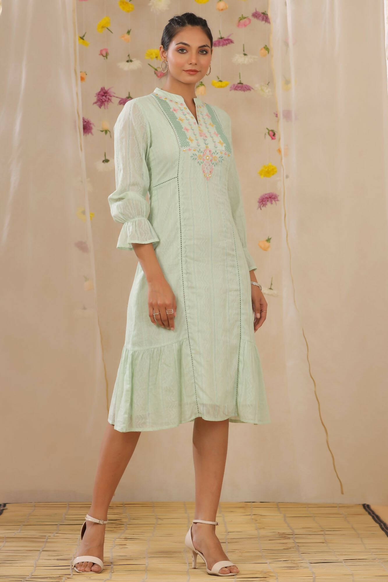 Juniper Women Sagegreen Cotton Dobby Woven Design A-Line Dress | Swadesiicart