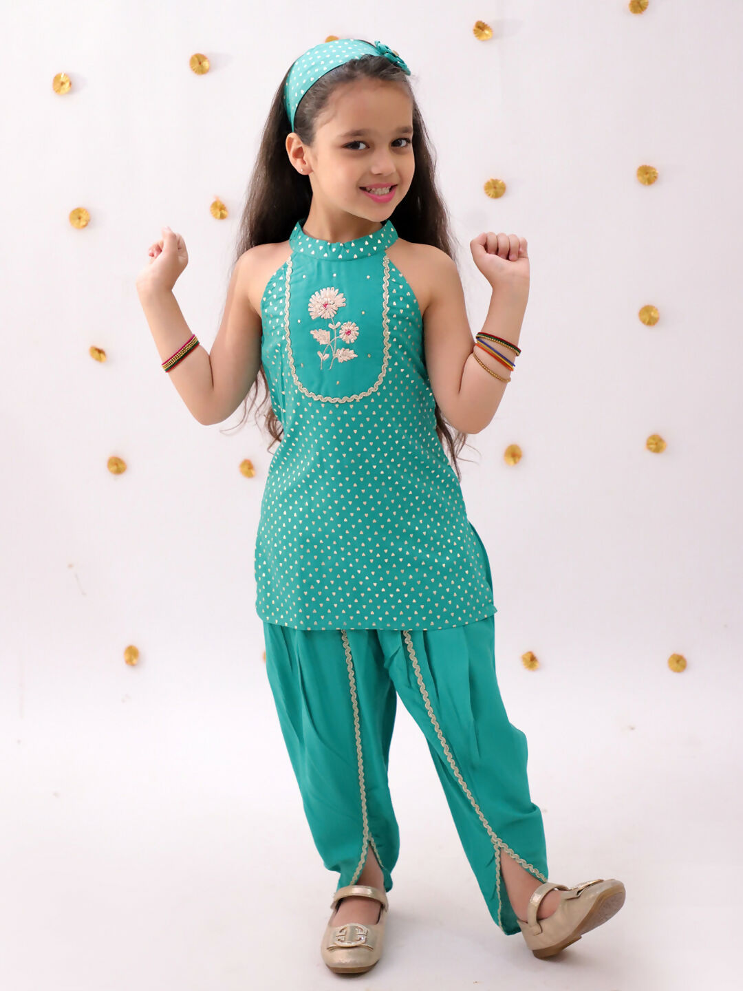 Lil Drama Khilkhilahat Green Kurta Dhoti Set For Girls | Swadesiicart