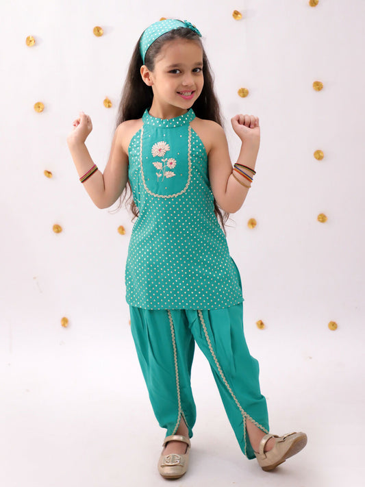 Lil Drama Khilkhilahat Green Kurta Dhoti Set For Girls | Swadesiicart