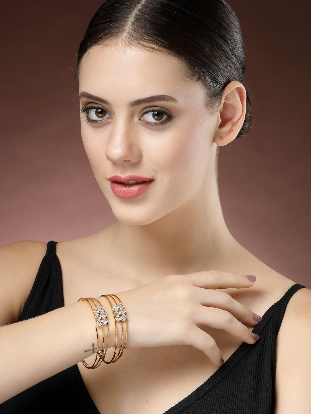 NVR Women's Set of 2 Gold-Polished CZ Stone-Studded Adjustable Bangles - Swadesiicart