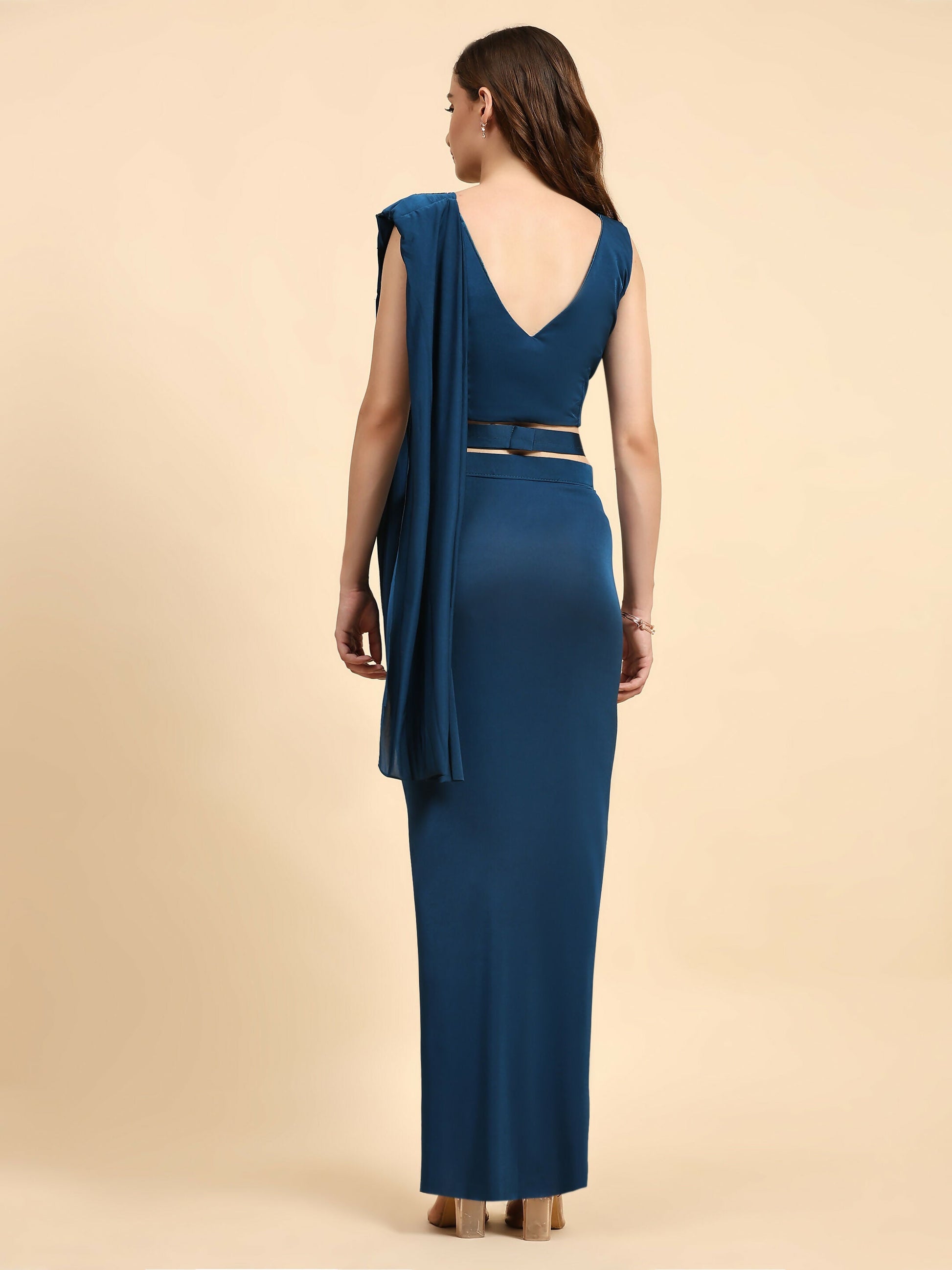 Blue Polyester Solid Ready to Wear Saree with stitched Blouse - Nita | Swadesiicart