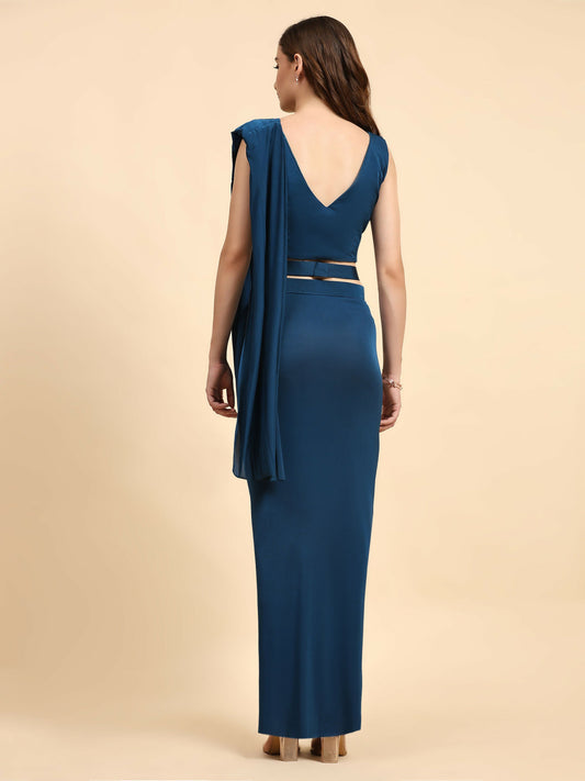 Blue Polyester Solid Ready to Wear Saree with stitched Blouse - Nita | Swadesiicart
