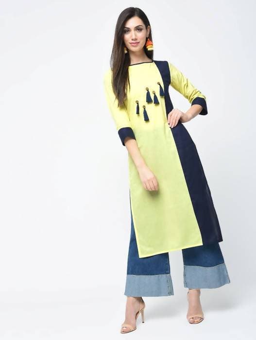 Aniyah Cotton Color Block Yellow Straight Kurta With Tassels (AN-103K) - Swadesiicart