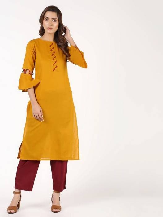 Aniyah Cotton Criss Cross Bell Sleeves Straight Mustard Color Kurta (AN-146K) - Swadesiicart