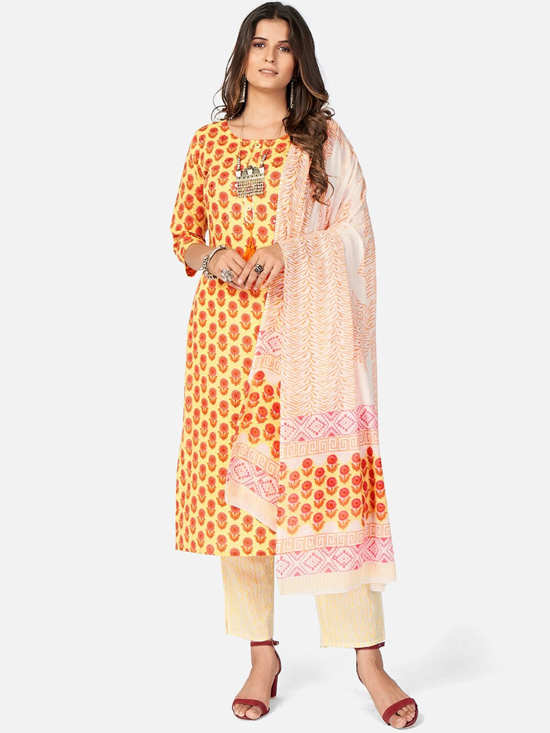 NOZ2TOZ Women Yellow Cotton Kurta with Pant & Dupatta (3pcs Set) - Noz2Toz