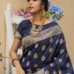 Vishnu Weaves Women's Navy Blue Banarasi Silk Floral Zari Woven Saree with Unstitched Blouse - Swadesiicart