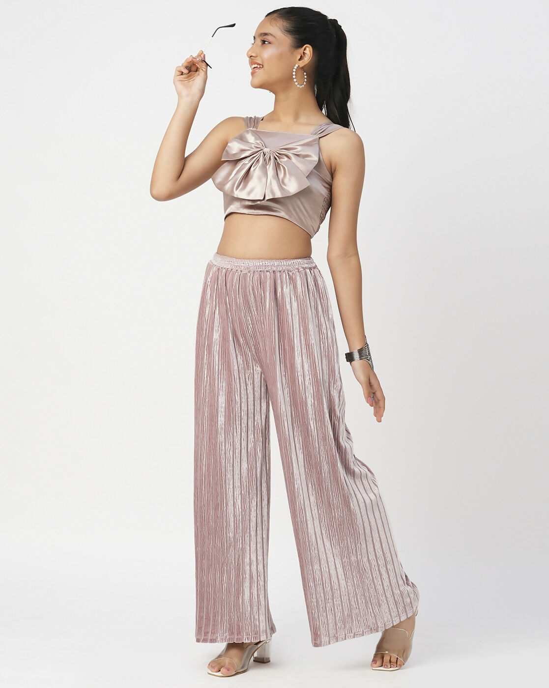 Lil Drama Glam Up Girls Grey Pant With Satin Top Party Co-Ordinate Set - Swadesiicart