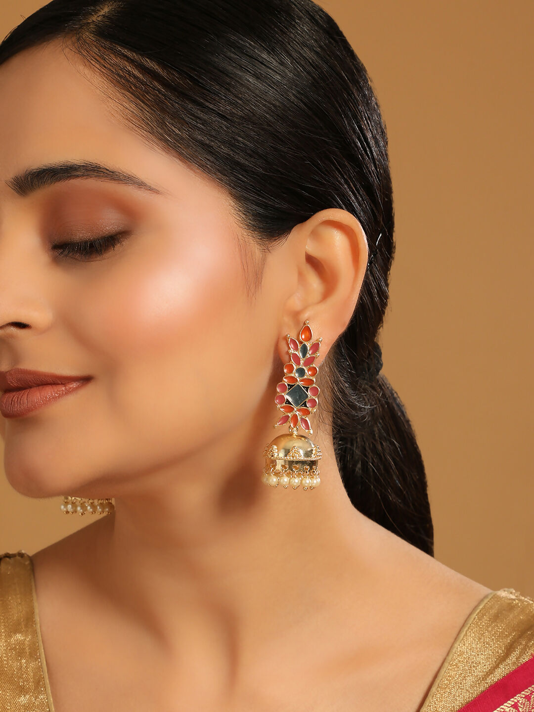 Nuyug 22K Gold-Plated Enamel & Beaded Dome Shaped Jhumka Earrings | Swadesiicart