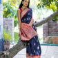 Vishnu Weaves Women's Navy-Blue Tussar Silk Zari Woven Saree with Blouse - Swadesiicart