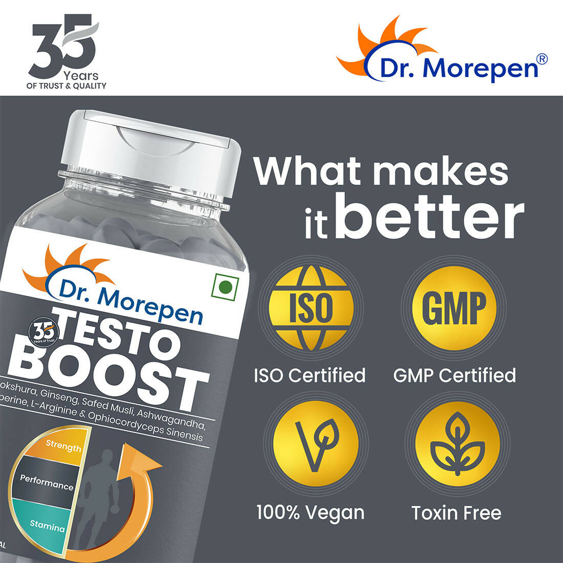 Dr. Morepen Testo Boost For Men | Increases Energy Stamina & Muscle Growth - Swadesiicart