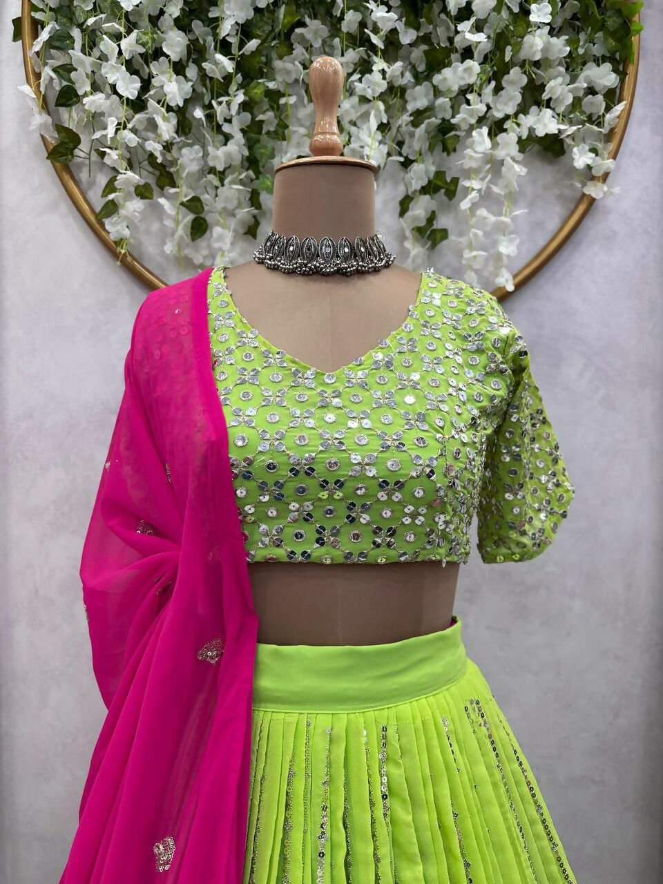 Jyoti Fashion Women's Green Faux Georgette Sequins with Thread Embroidered Designer Lehenga Choli Set | Swadesiicart