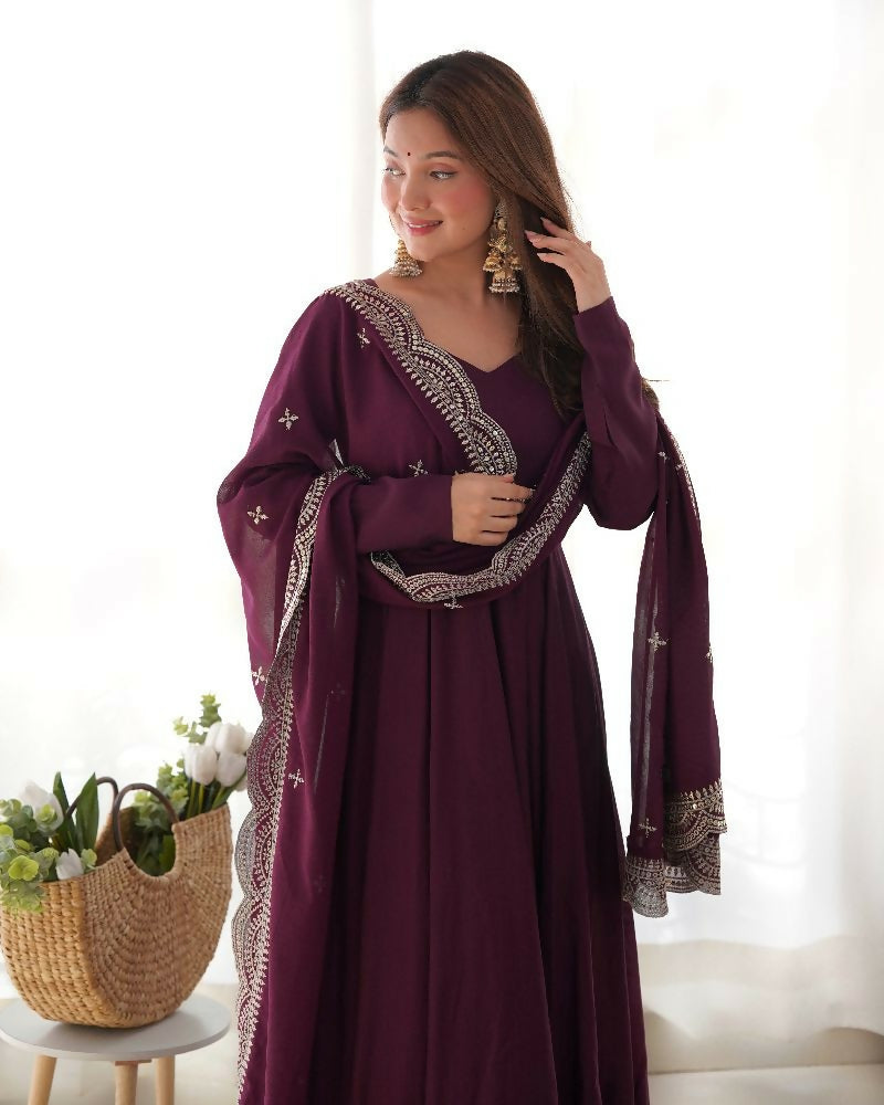 Joban Fashion Wine Kurta Set Chanderi Sequence Embroidery Work - Swadesiicart
