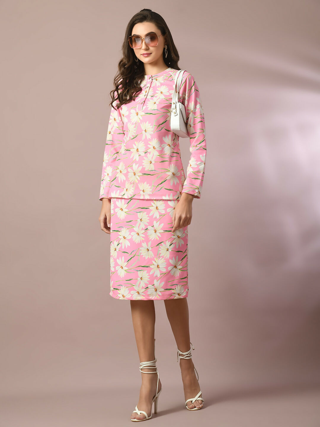 Myshka Women's Pink Printed Round Neck Party Top With Skirt Co-ord set - Swadesiicart