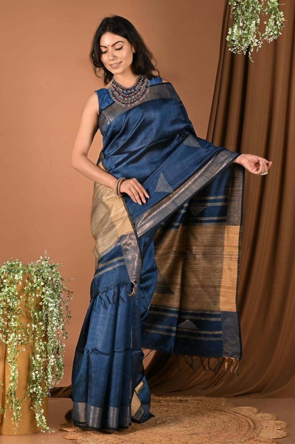 Very Much Indian Handloom Pure Dupion Silk Saree With Sleek Golden Border - Blue | Swadesiicart