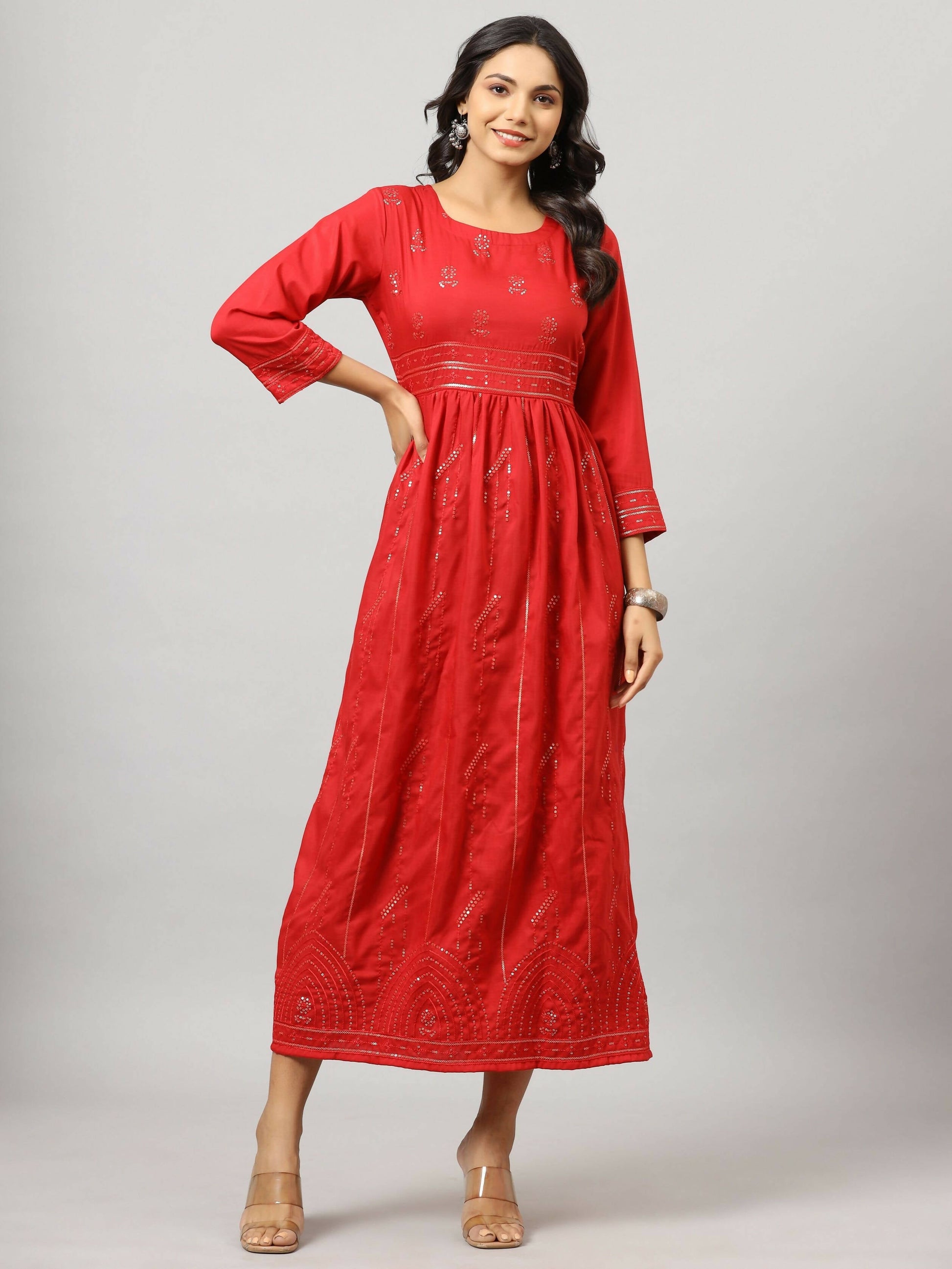 Juniper Women's Red Festive Printed Flared Dress | Swadesiicart