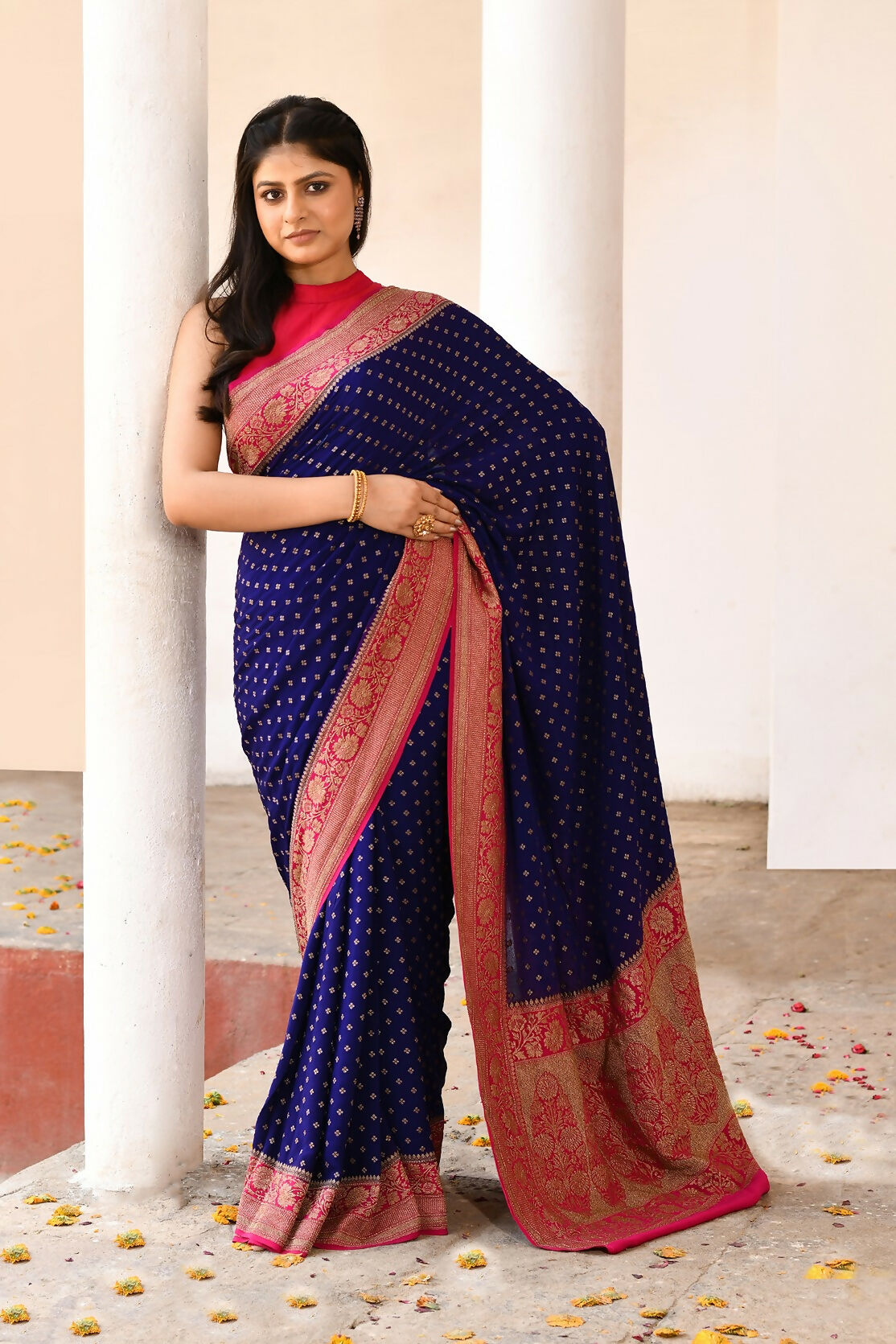 Joban Fashion Navy Blue Crepe Chiffon Pure Handloom Banarasi Silk Saree | Swadesiicart