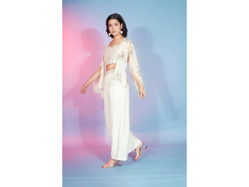 Off White Georgette Sequence With Thread Designer Co-Ord Set - Flory - Swadesiicart