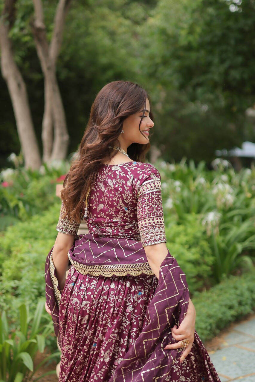 Lorenvalley Wine Pure Viscose Jacquard with Golden Embroidered Sequins work Lehenga Choli | Swadesiicart
