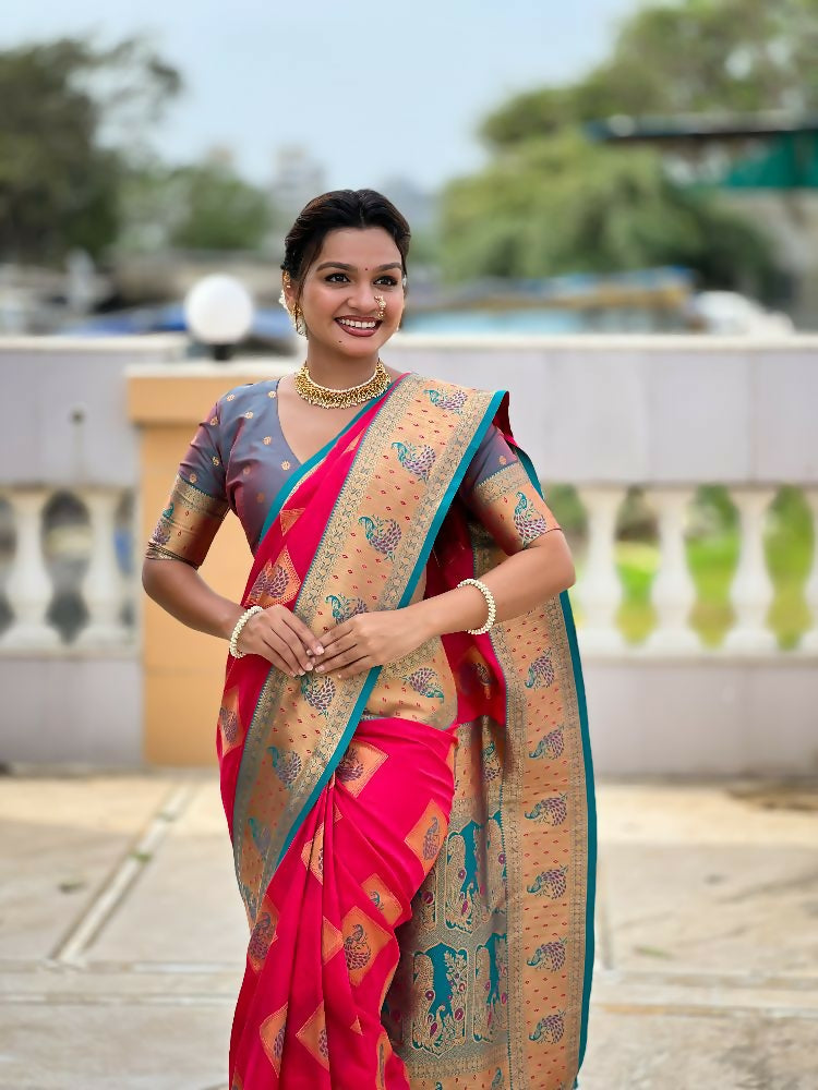 PR Fashion Rani Pink Soft Banarasi Silk With Zari Weaving Meenakari Design Saree | Swadesiicart